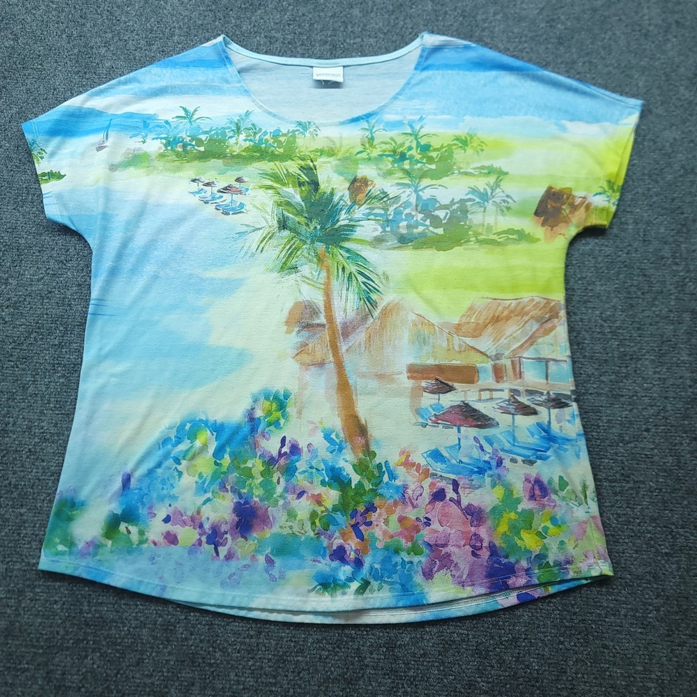 Weekends by Chicos Tropical Beach Watercolor Print Short Sleeve Top Blue Green